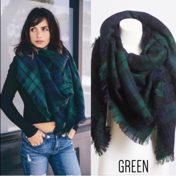 AMANDA✨ classic plaid blanket scarf green navy - Picture 3 of 8